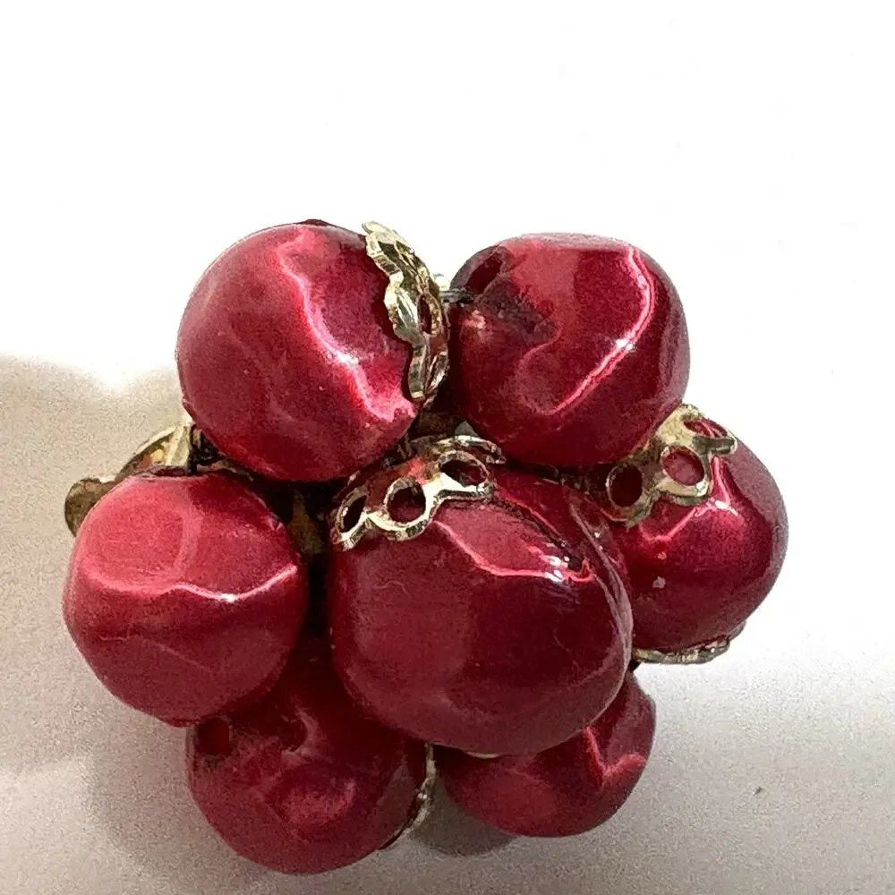 Vintage Red Satin Bead Earrings, Orbit Clip On Round Flowers Retro Japan 1950s